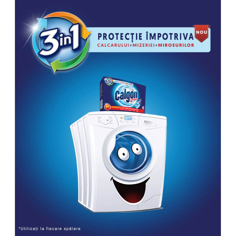 Detergent Anticalcar Tablete CALGON 3 in1, 8 Tablete, Parfum Fresh, Aditiv Impotriva Depunerilor de Calcar, Calgon Tablete pentru Calcar, Detergent Anticalcar pentru Masina de Spalat, Tablete de Curatare pentru Masina de Spalat