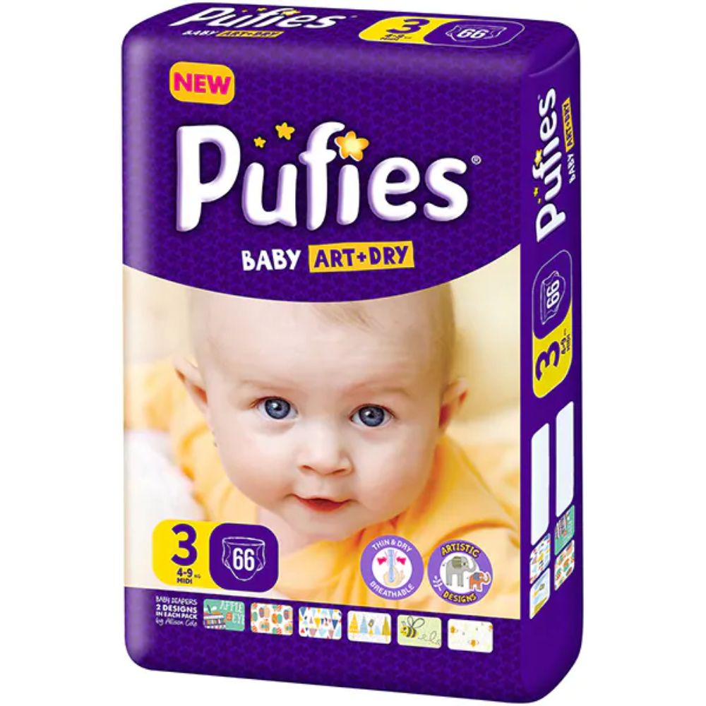 Scutece PUFIES Baby Art Midi, Marimea 3, 66 Buc/Set, Scutece Bebelusi, Scutece pentru Copii, Scutece Absorbante, Scutece PUFIES, Scutece Marimea 3