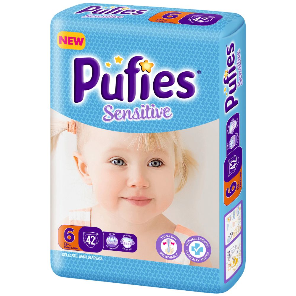 Scutece PUFIES Sensitive 6 Extra Large, Marimea 6, 42 Buc/Set, Scutece Bebelusi, Scutece pentru Copii, Scutece Absorbante, Scutece PUFIES, Scutece Marimea 6