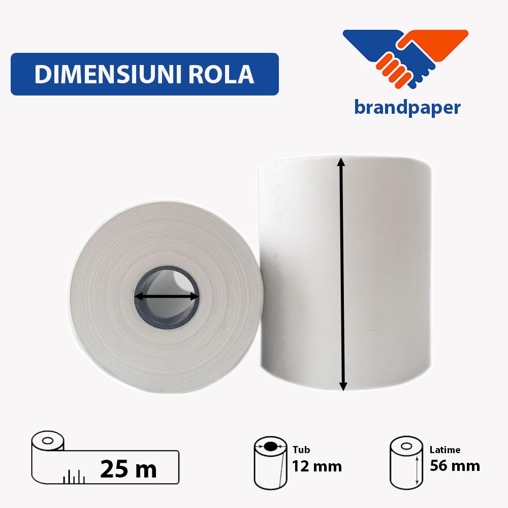 Set 10 Role Termice ROLLIS, 56mm x 25m, Hartie Termica 48 g/mÂ² fara Bisfenol A (BPA), Tub 12 mm