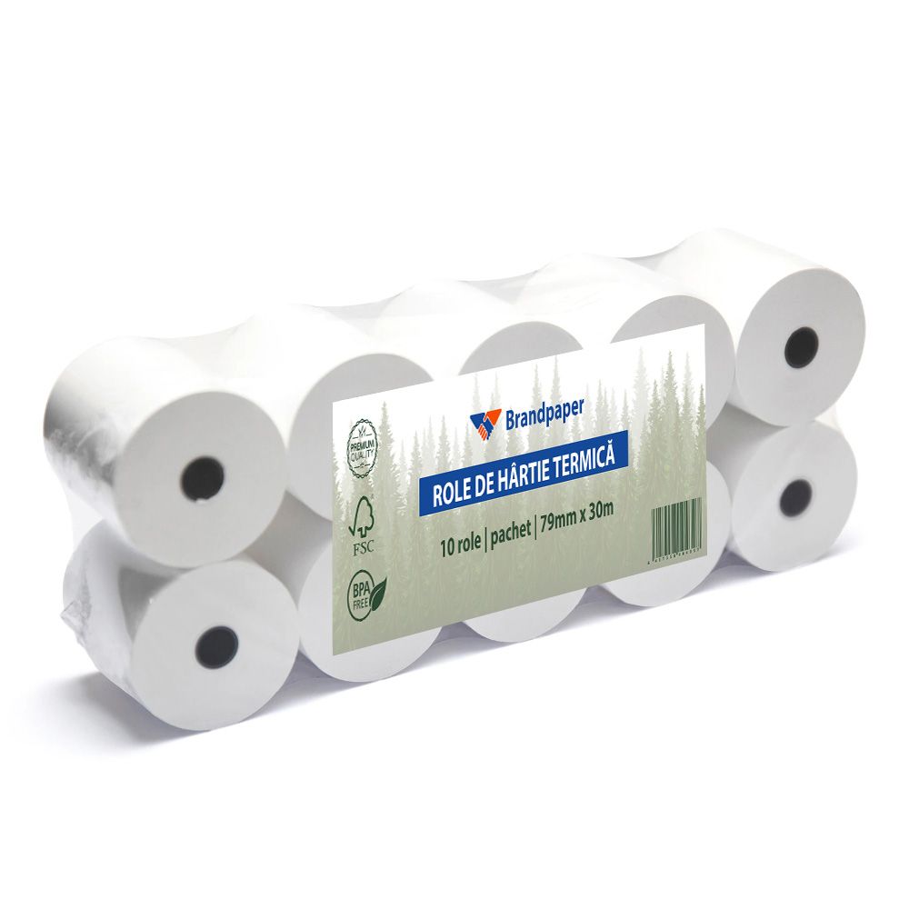 Set 10 Role Termice ROLLIS, 79mm x 30m, Hartie Termica 48 g/mÂ² fara Bisfenol A (BPA), Tub 12 mm