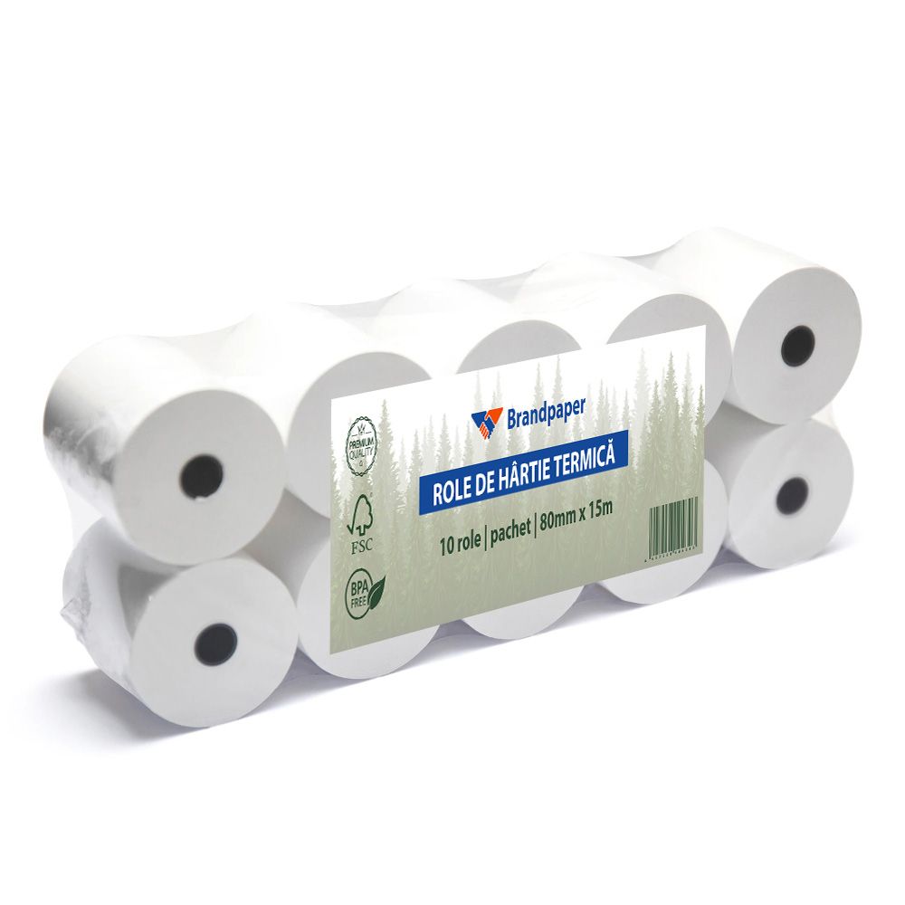 Set 10 Role Termice ROLLIS, 80mm x 15m, Hartie Termica 48 g/mÂ² fara Bisfenol A (BPA), Tub 12 mm