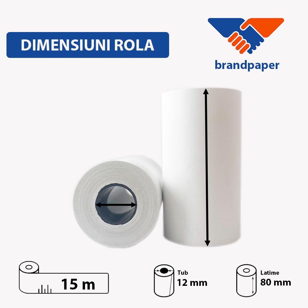 Set 10 Role Termice ROLLIS, 80mm x 15m, Hartie Termica 48 g/mÂ² fara Bisfenol A (BPA), Tub 12 mm
