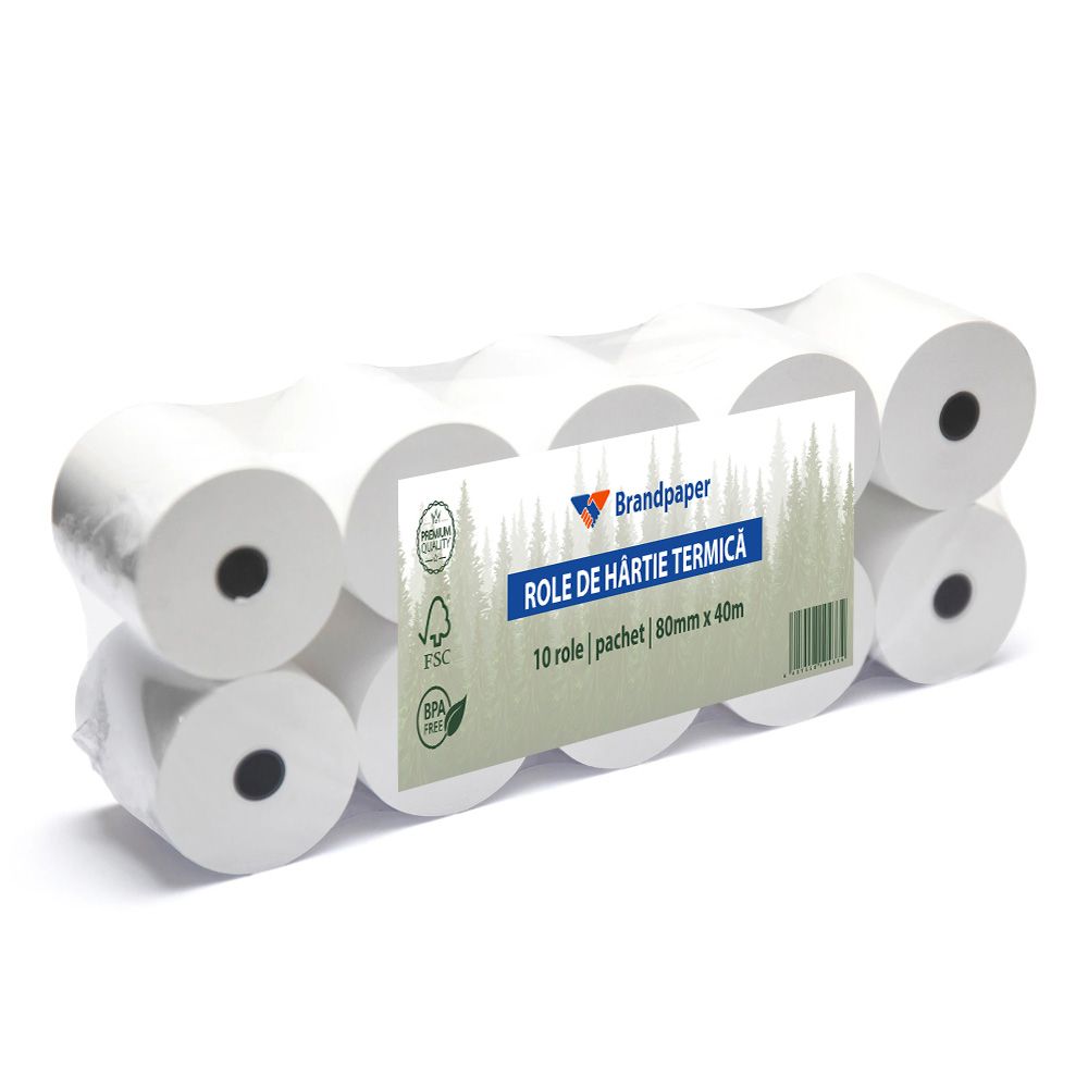 Set 10 Role Termice ROLLIS, 80mm x 40m, Hartie Termica 48 g/mÂ² fara Bisfenol A (BPA), Tub 12 mm