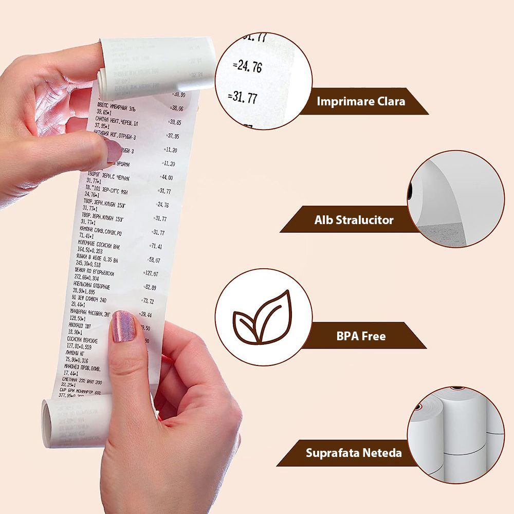 Set 10 Role Termice ROLLIS, 80mm x 40m, Hartie Termica 48 g/mÂ² fara Bisfenol A (BPA), Tub 12 mm