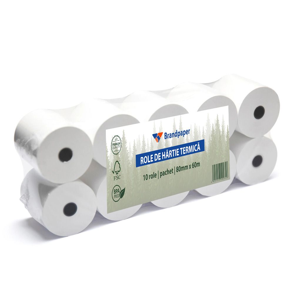 Set 10 Role Termice ROLLIS, 80mm x 60m, Hartie Termica 48 g/mÂ² fara Bisfenol A (BPA), Tub 12 mm
