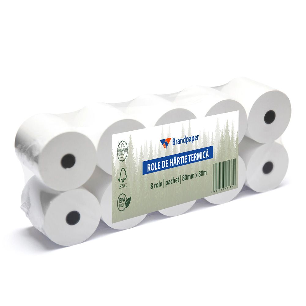 Set 8 Role Termice ROLLIS, 80mm x 80m, Hartie Termica 48 g/mÂ² fara Bisfenol A (BPA), Tub 12 mm