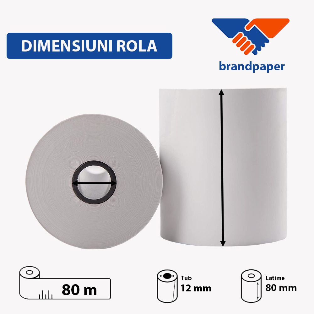 Set 8 Role Termice ROLLIS, 80mm x 80m, Hartie Termica 48 g/mÂ² fara Bisfenol A (BPA), Tub 12 mm