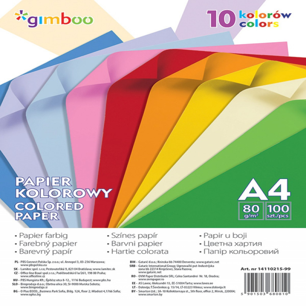 Hartie Color Gimboo, Mix 5x20 Coli, Culori Neon, A4, 80g, 100 Coli