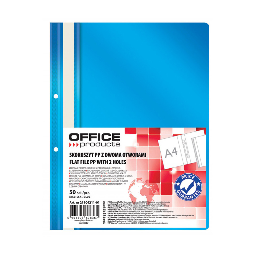 Dosar Cu Sina Si 2 Perforatii Office Products, A4, Plastic, Albastru, 50 Bucati/set
