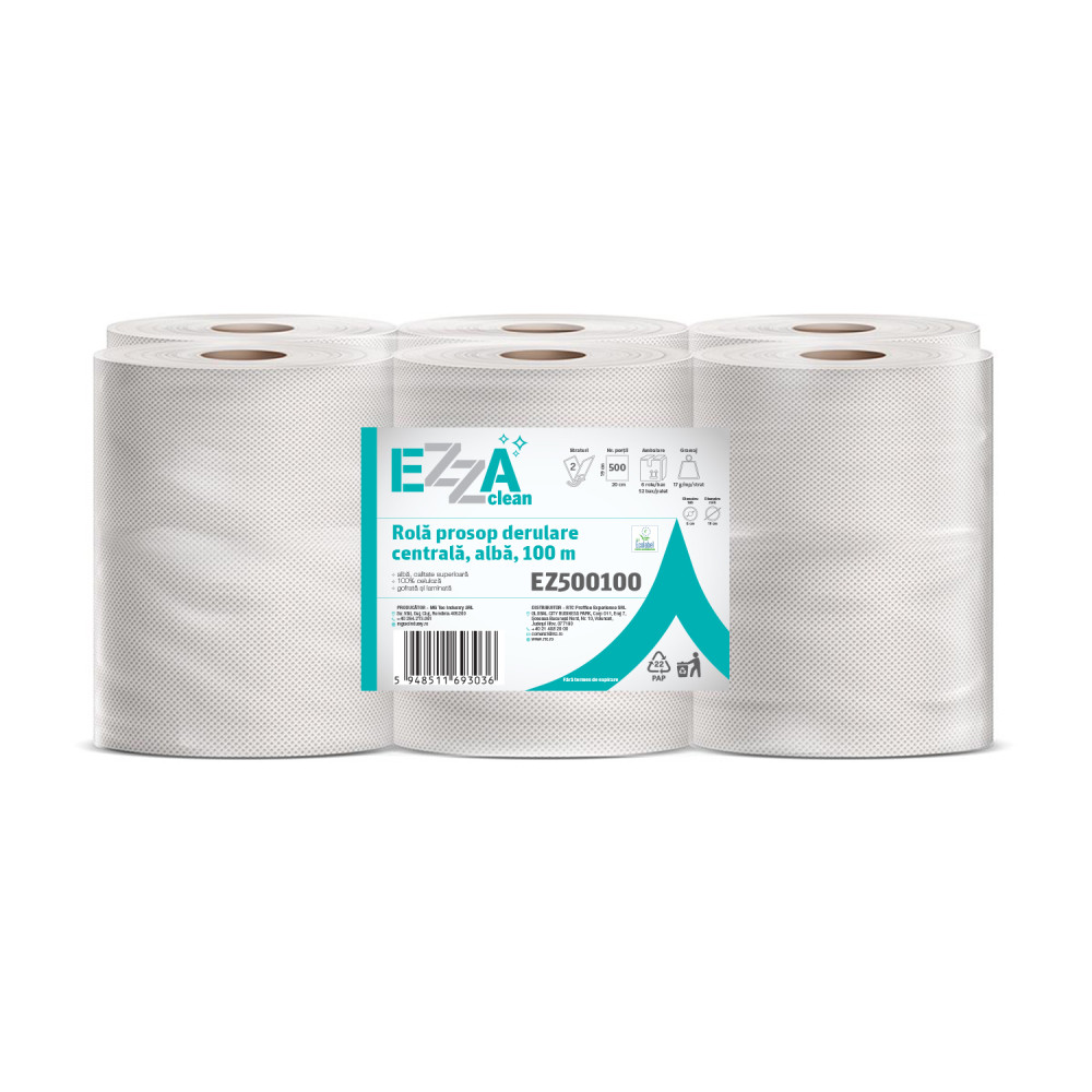 Rola Prosop Derulare Centrala Ezza Clean, Alba, 2 Straturi, 500 Portii,  100 M, 6 Role/bax