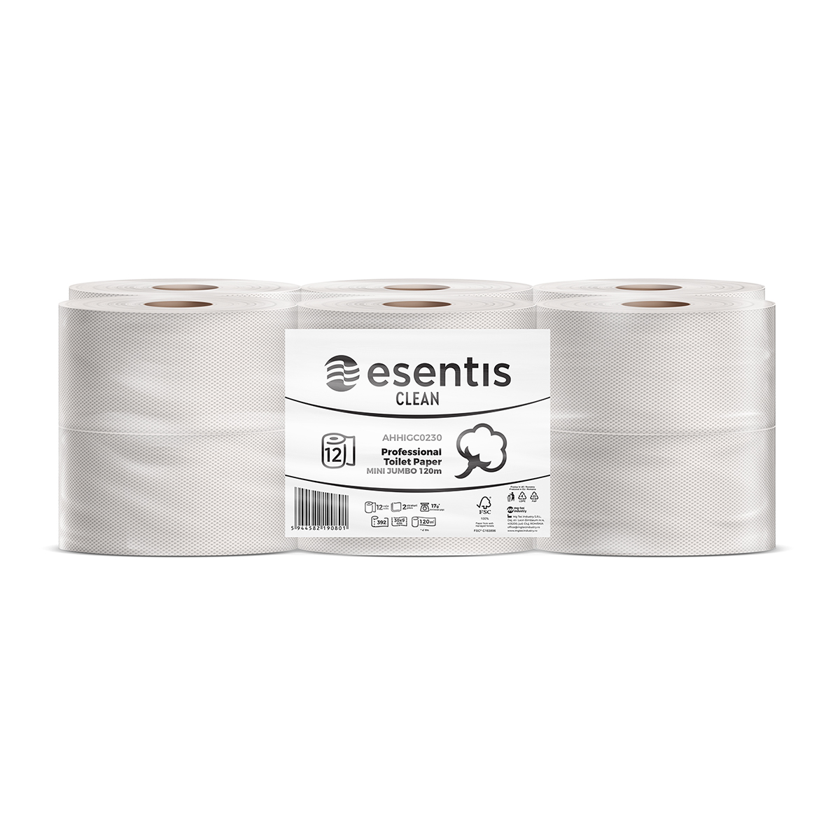Hartie igienica Mini Jumbo ESENTIS Clean, alba, 2 straturi, 12 role/set