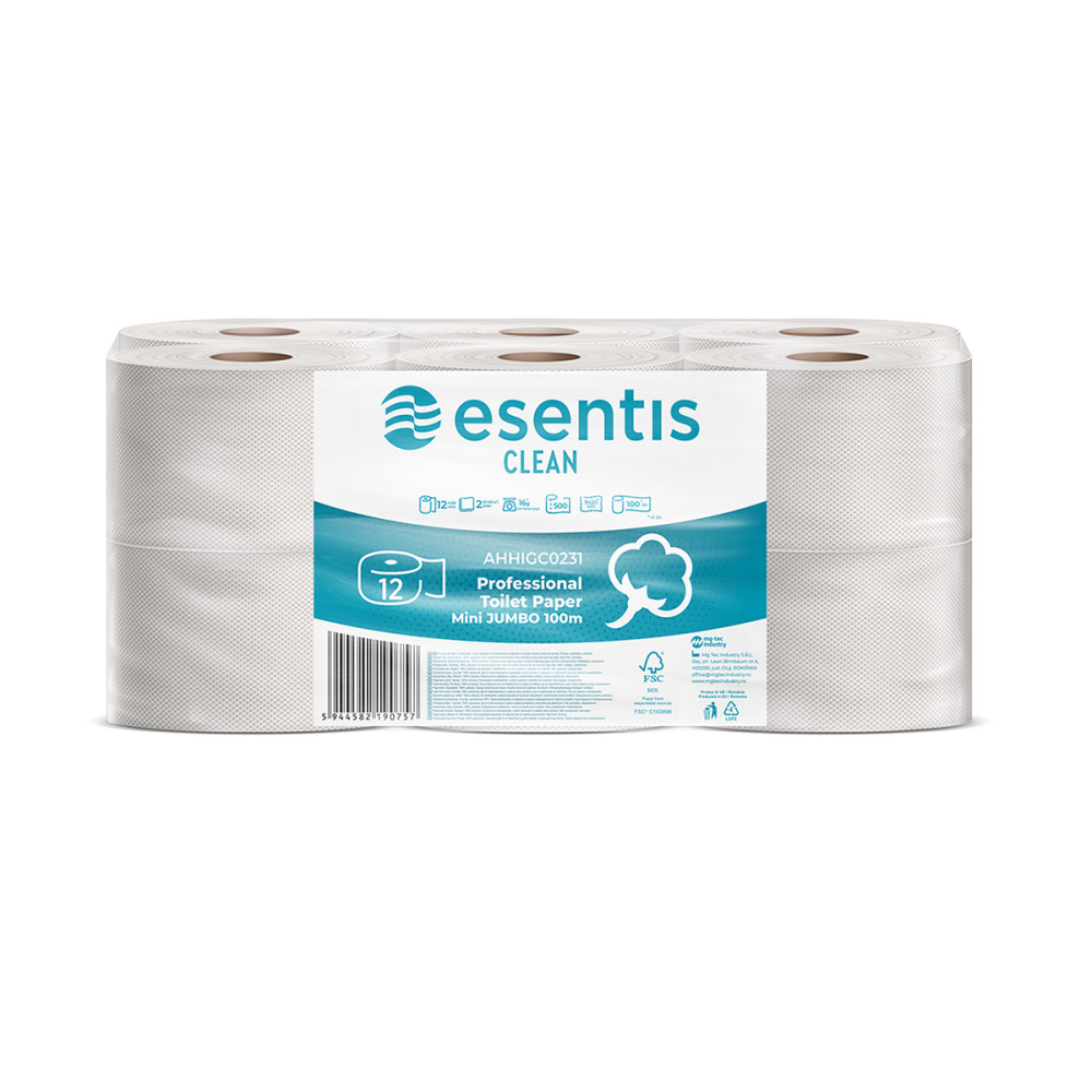 Hartie Igienica Esentis Clean Alba 2 Straturi, 500 Portii, 100 M, 12 Role/set