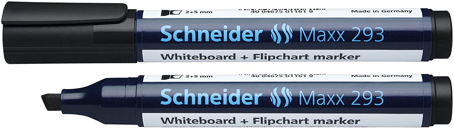 Marker Schneider Maxx 293, Pentru Tabla De Scris+flipchart, Varf Tesit 2-5mm, 4 Cul/set - (n,r,a,v)