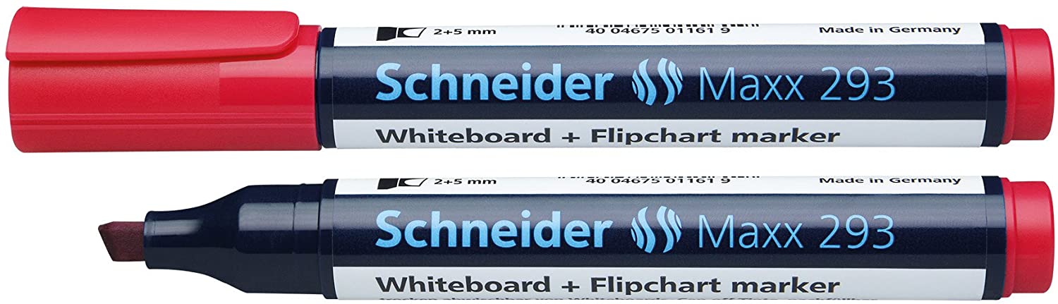 Marker Schneider Maxx 293, Pentru Tabla De Scris+flipchart, Varf Tesit 2-5mm, 4 Cul/set - (n,r,a,v)