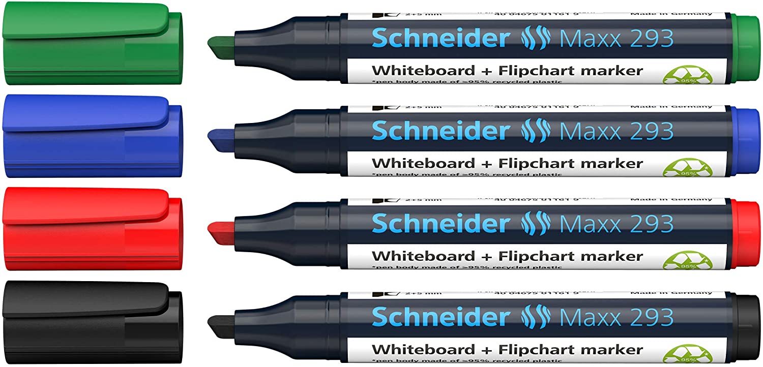 Marker Schneider Maxx 293, Pentru Tabla De Scris+flipchart, Varf Tesit 2-5mm, 4 Cul/set - (n,r,a,v)