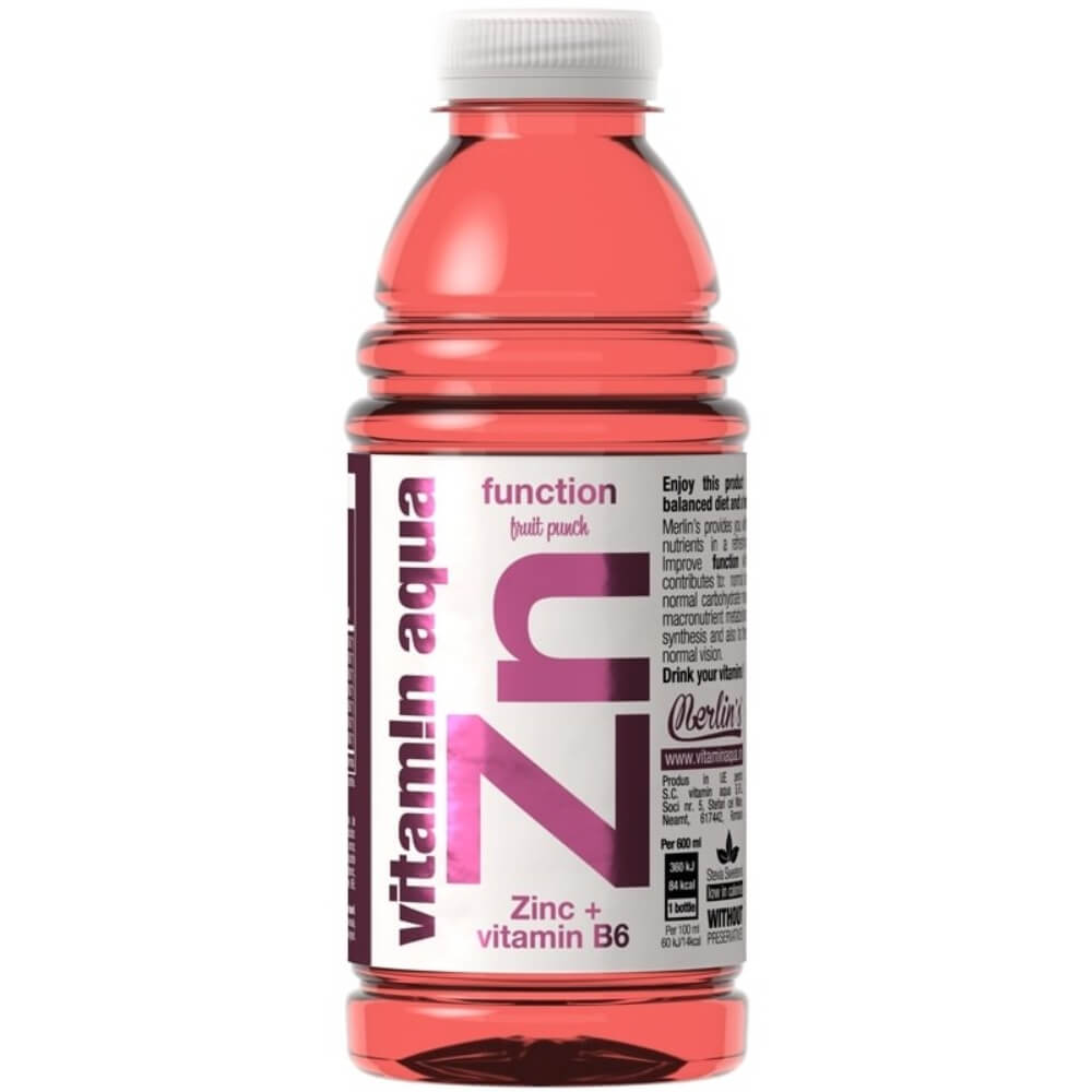 Bautura Racoritoare Merlin's Vitamin Aqua Zn Function, 0.6 l, Aroma Punch de Fructe, Apa cu Vitamine, Apa cu Vitamine si Minerale, Bautura cu Adaos de Vitamine, Bautura cu Adaos de Minerale, Bautura Racoritoare Merlin