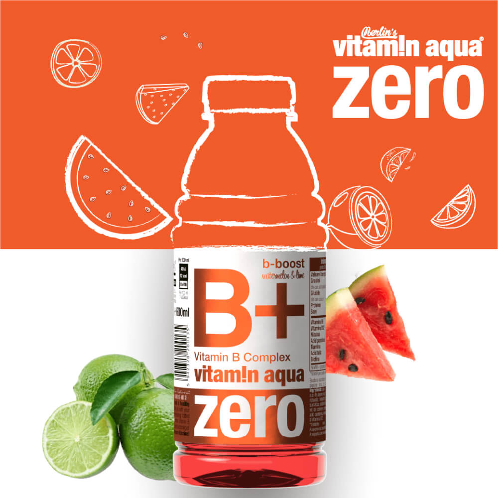 Bautura Racoritoare Merlin's Vitamin Aqua B+ B-Boost, 0.6 l, Pepene Rosu si Lime, Apa cu Vitamine, Apa cu Vitamine si Minerale, Bautura cu Adaos de Vitamine, Bautura cu Adaos de Minerale, Bautura Racoritoare Merlin