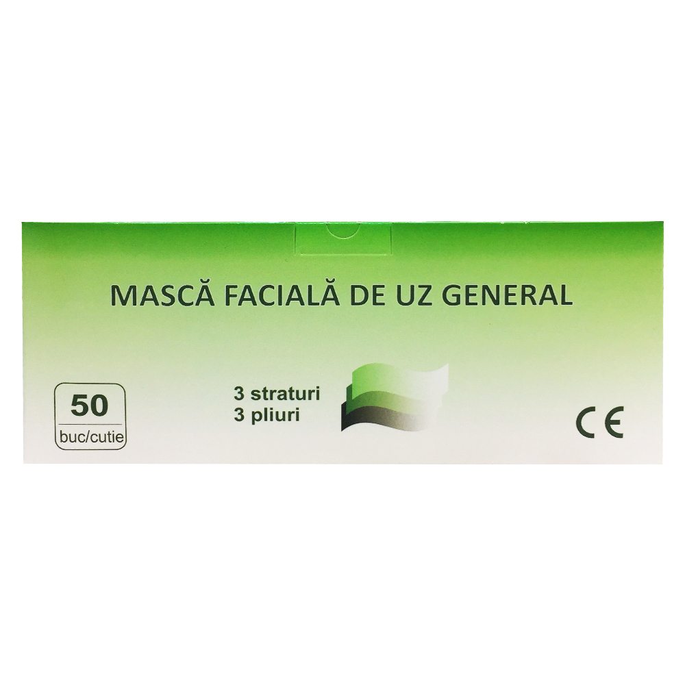 Cutie 50 de Masti Faciale de Uz General, Global Treat, 3 Straturi si 3 Pliuri, Masca de Protectie, Masca Faciala, Masti de Protectie, Masti Medicale, Masti Protectie Medicale, Masca Medicala, Masca Uz Medical, Masca pentru Fata, Cutie Masti