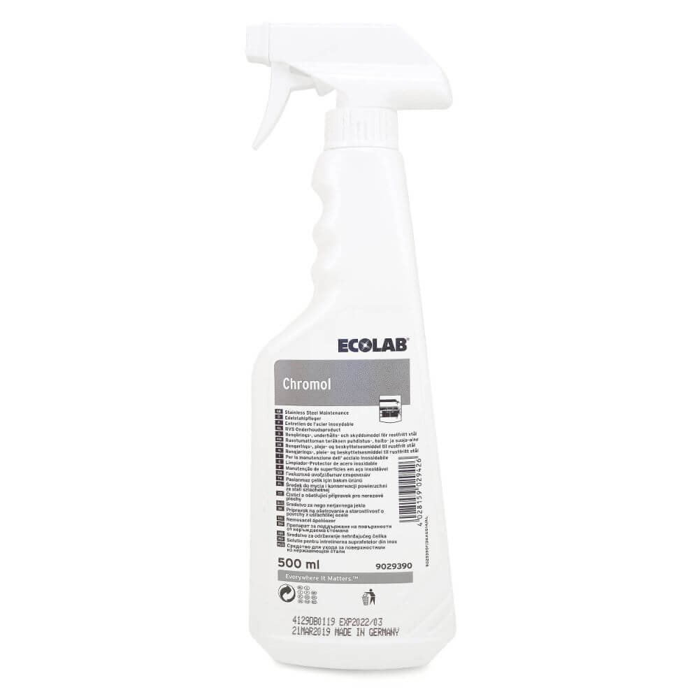 Pulverizator Lichid ECOLAB Chromol, 500 ml, pentru Intretinerea Suprafetelor din Inox, Solutie Inox, Solutie Curatat Lichida cu Pulverizator, Spray pentru Inox, Solutie Spalat Suprafete din Inox, Solutii si Produse de Curatenie Inox
