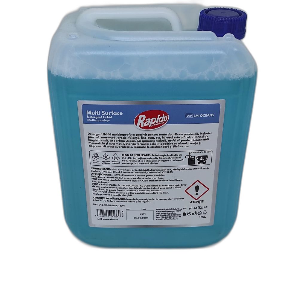 Detergent Pardoseli Rapido Suprafete Multiple cu Parfum de Ocean, Cantitate 5 L