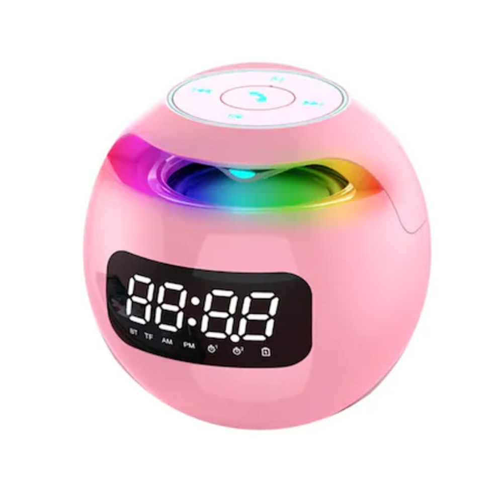 Ceas Digital cu Boxa Incorporata, Functie Radio FM, Slot Card Micro-SD, Conexiune prin Bluetooth 5.0, Lumina de Veghe LED cu 7 Culori Diferite, Portabil, Roz