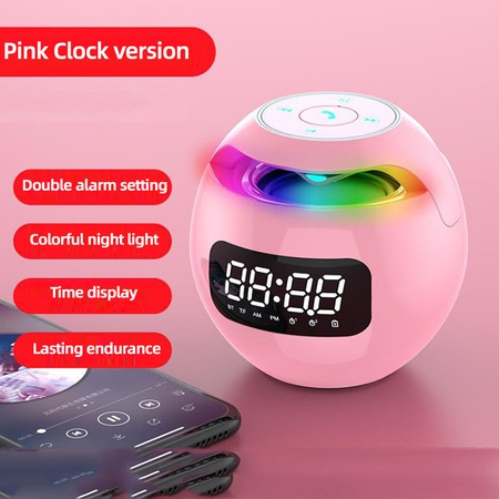 Ceas Digital cu Boxa Incorporata, Functie Radio FM, Slot Card Micro-SD, Conexiune prin Bluetooth 5.0, Lumina de Veghe LED cu 7 Culori Diferite, Portabil, Roz
