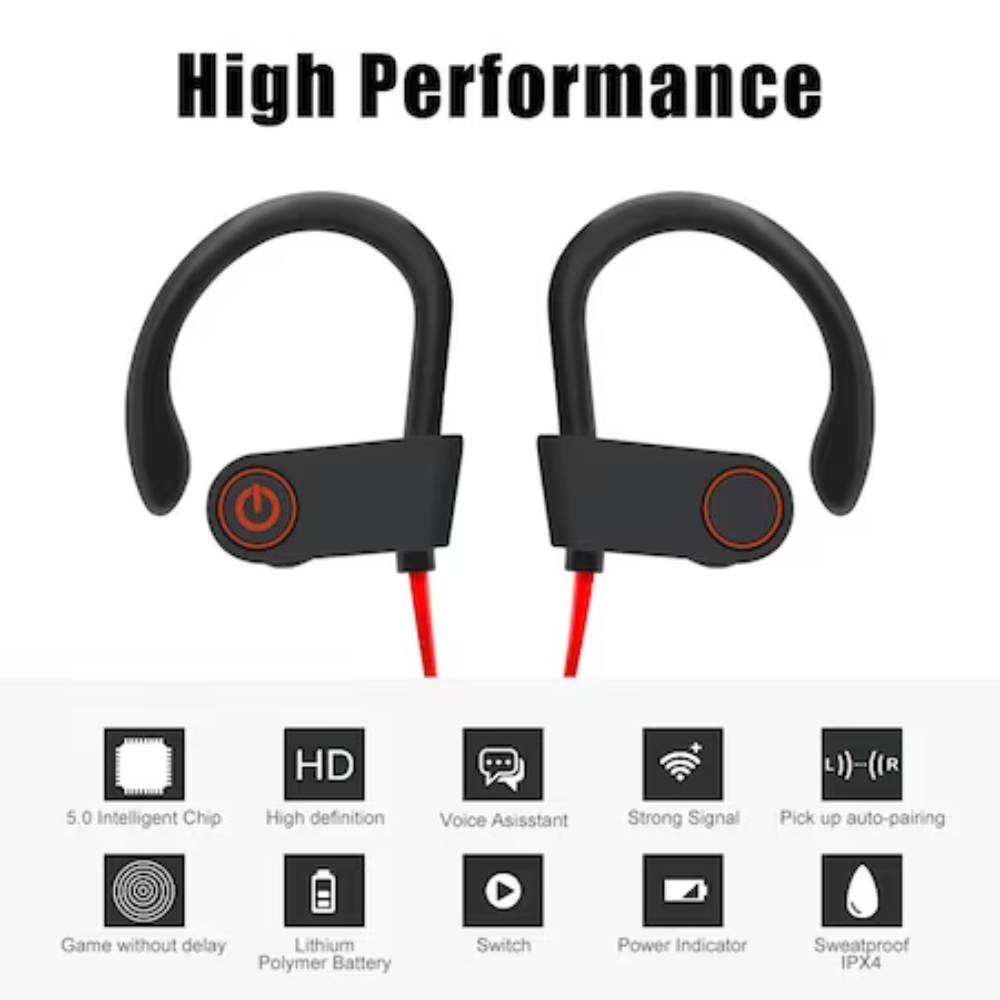 Casti Sport Wireless, Sunet Stereo Binatural, Microfon Incorporat, Functie de Redare Muzica, Rezistente la Apa si la Transpiratie IPX5, Negre cu Rosu
