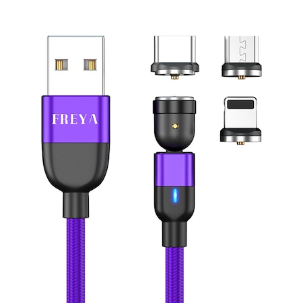 Cablu de Incarcare Magnetic 540, A15-1M-PRP, 3 in 1 Compatibil cu USB-C, Micro-USB, Lightning, Freya, 2.4A, 1Metru Led, Culoare Mov