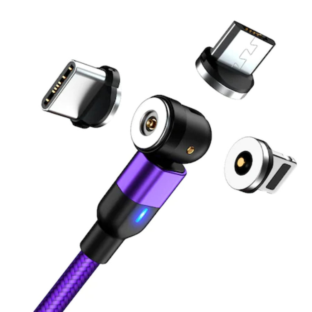 Cablu de Incarcare Magnetic 540, A15-1M-PRP, 3 in 1 Compatibil cu USB-C, Micro-USB, Lightning, Freya, 2.4A, 1Metru Led, Culoare Mov