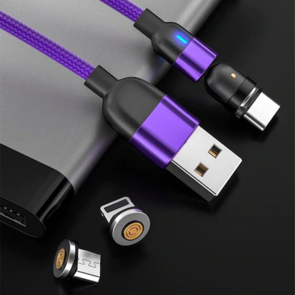 Cablu de Incarcare Violet 3 in 1 cu Conector Magnetic Rotatie la 540Â°, Incarcare 5V 2.4A, 2 Metri, Conector pentru IOS/Android/USB-C