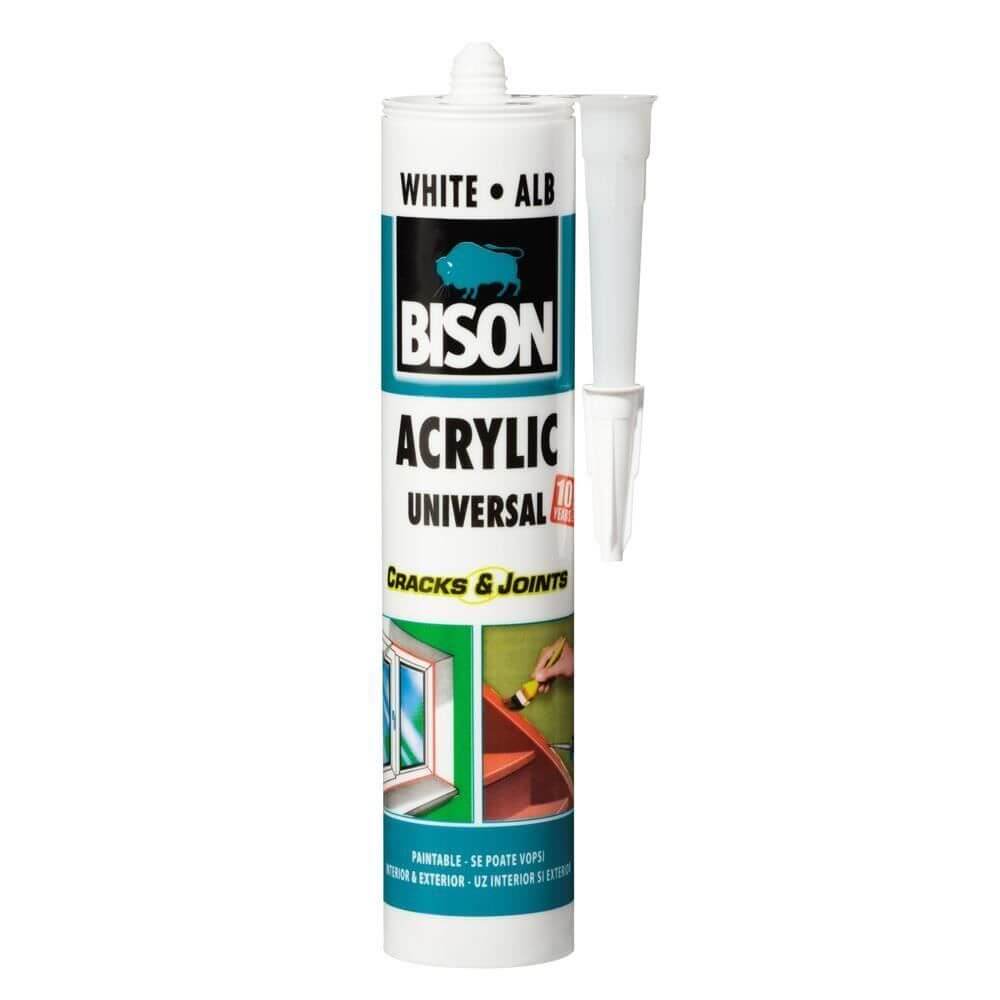 Etanseizant Acrilic Bison, 300 ml, Alb, Bison Acrylic Universal, Mastic Etanseizant Acrylic Universal, Mastic Acrilic Etansare Bison, Silicon Alb Etansare, Adeziv Alb pentru Etansare, Adezivi Siliconici Bison, Silicon Flexibil Extensibil